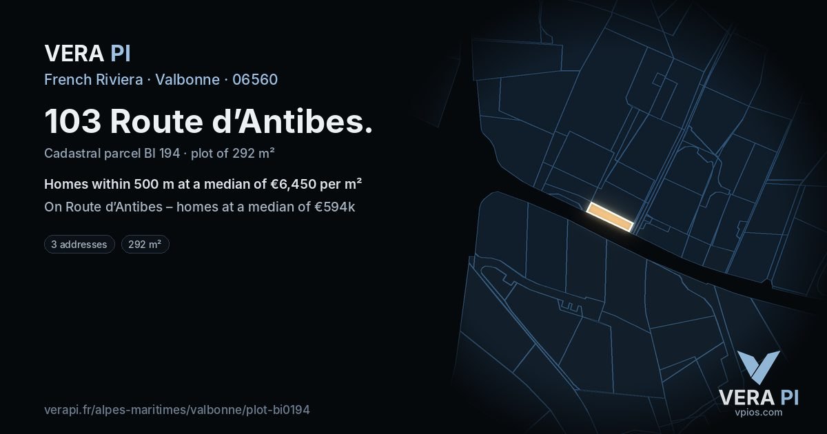 103 Route d’Antibes, Valbonne at night – the plot lit, the parcels around coloured by the prices near them