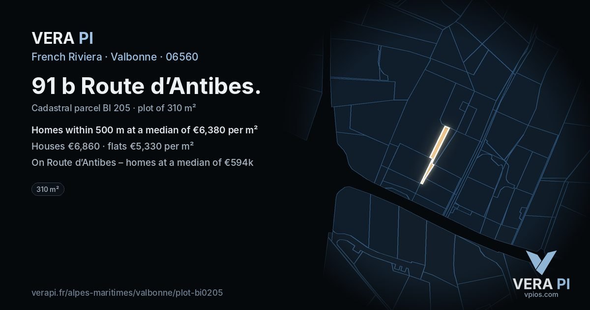 91 b Route d’Antibes, Valbonne at night – the plot lit, the parcels around coloured by the prices near them