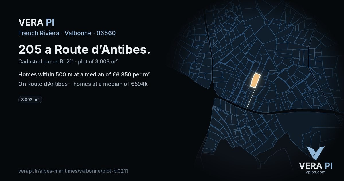 205 a Route d’Antibes, Valbonne at night – the plot lit, the parcels around coloured by the prices near them
