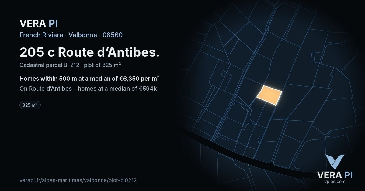 205 c Route d’Antibes, Valbonne at night – the plot lit, the parcels around coloured by the prices near them