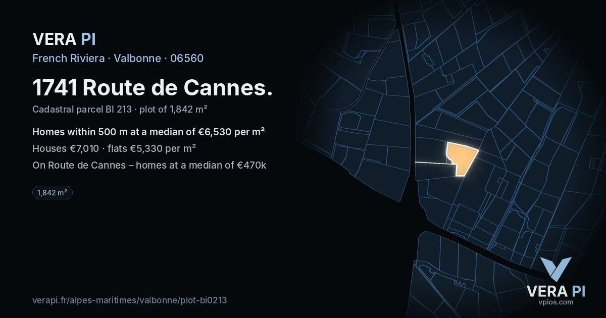 1741 Route de Cannes, Valbonne at night – the plot lit, the parcels around coloured by the prices near them