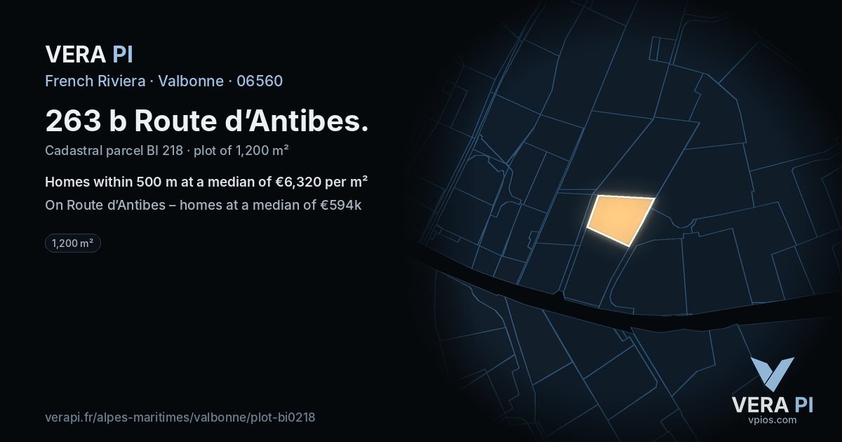 263 b Route d’Antibes, Valbonne at night – the plot lit, the parcels around coloured by the prices near them