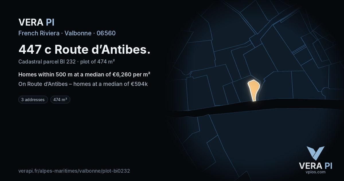 447 c Route d’Antibes, Valbonne at night – the plot lit, the parcels around coloured by the prices near them
