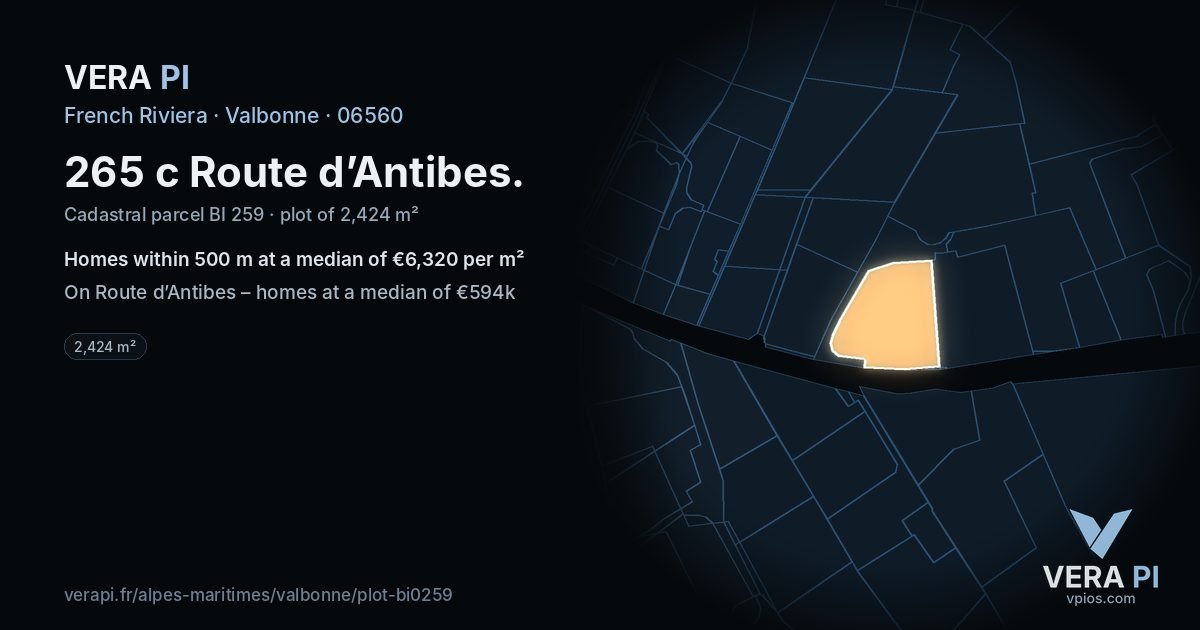 265 c Route d’Antibes, Valbonne at night – the plot lit, the parcels around coloured by the prices near them