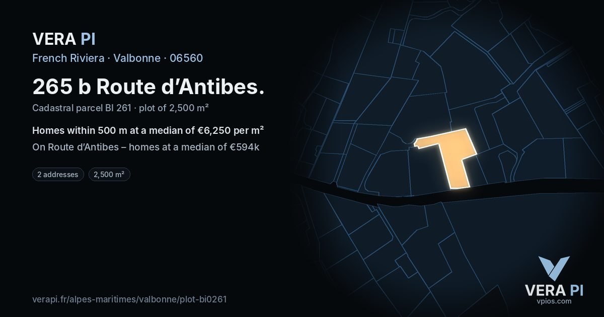 265 b Route d’Antibes, Valbonne at night – the plot lit, the parcels around coloured by the prices near them