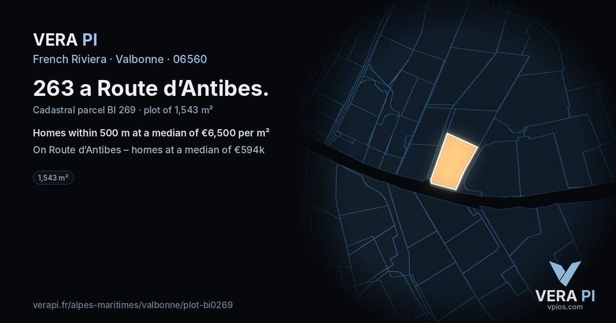 263 a Route d’Antibes, Valbonne at night – the plot lit, the parcels around coloured by the prices near them