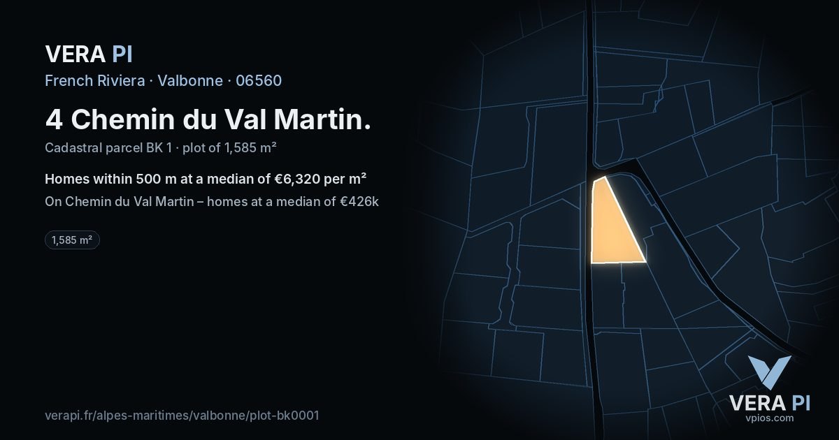 4 Chemin du Val Martin, Valbonne at night – the plot lit, the parcels around coloured by the prices near them