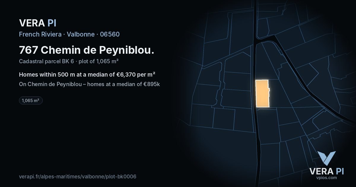 767 Chemin de Peyniblou, Valbonne at night – the plot lit, the parcels around coloured by the prices near them
