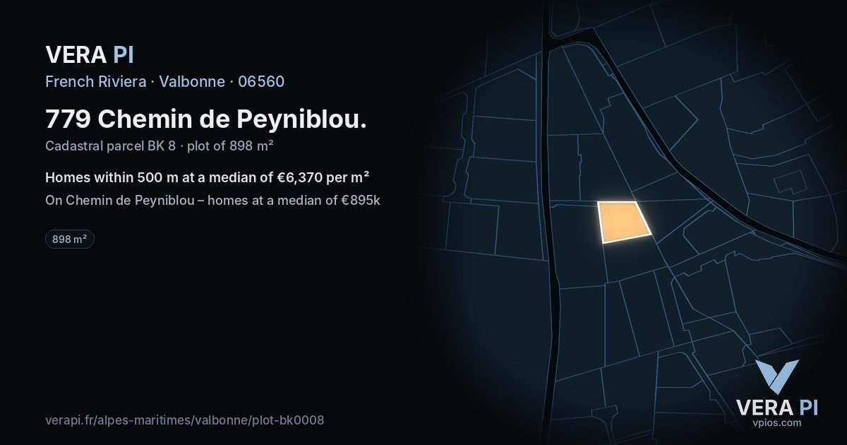 779 Chemin de Peyniblou, Valbonne at night – the plot lit, the parcels around coloured by the prices near them