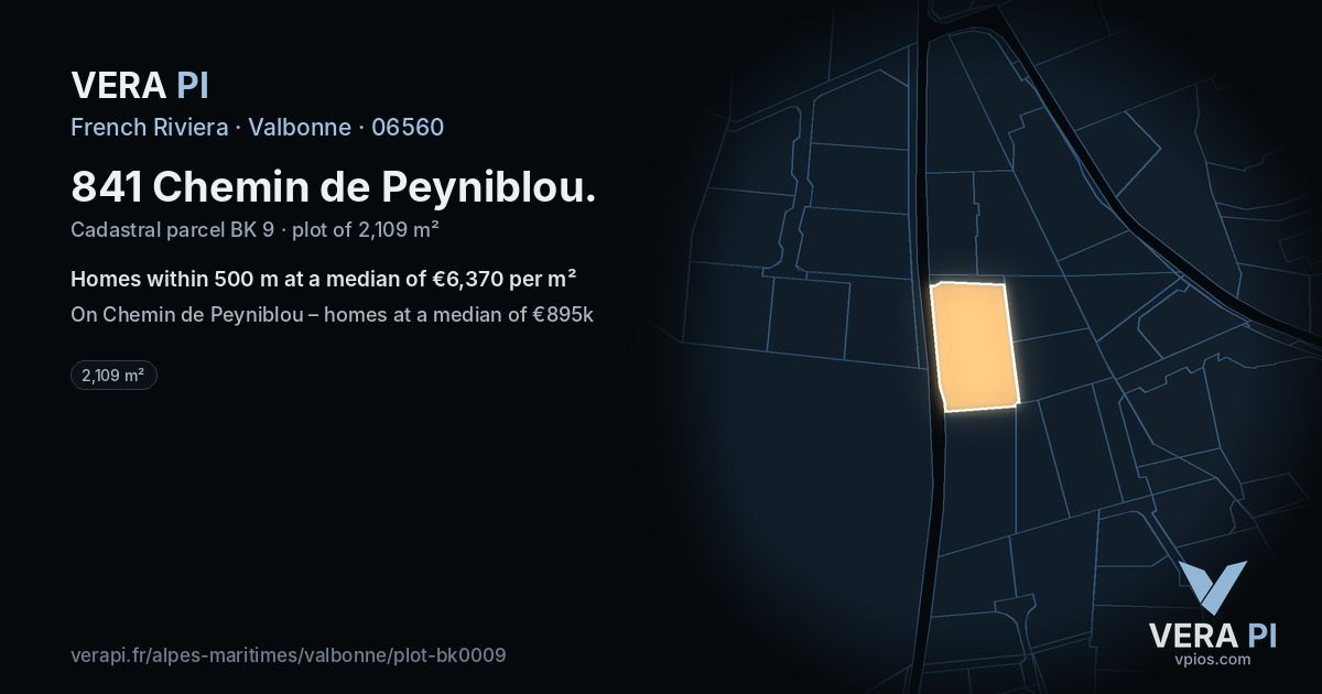 841 Chemin de Peyniblou, Valbonne at night – the plot lit, the parcels around coloured by the prices near them