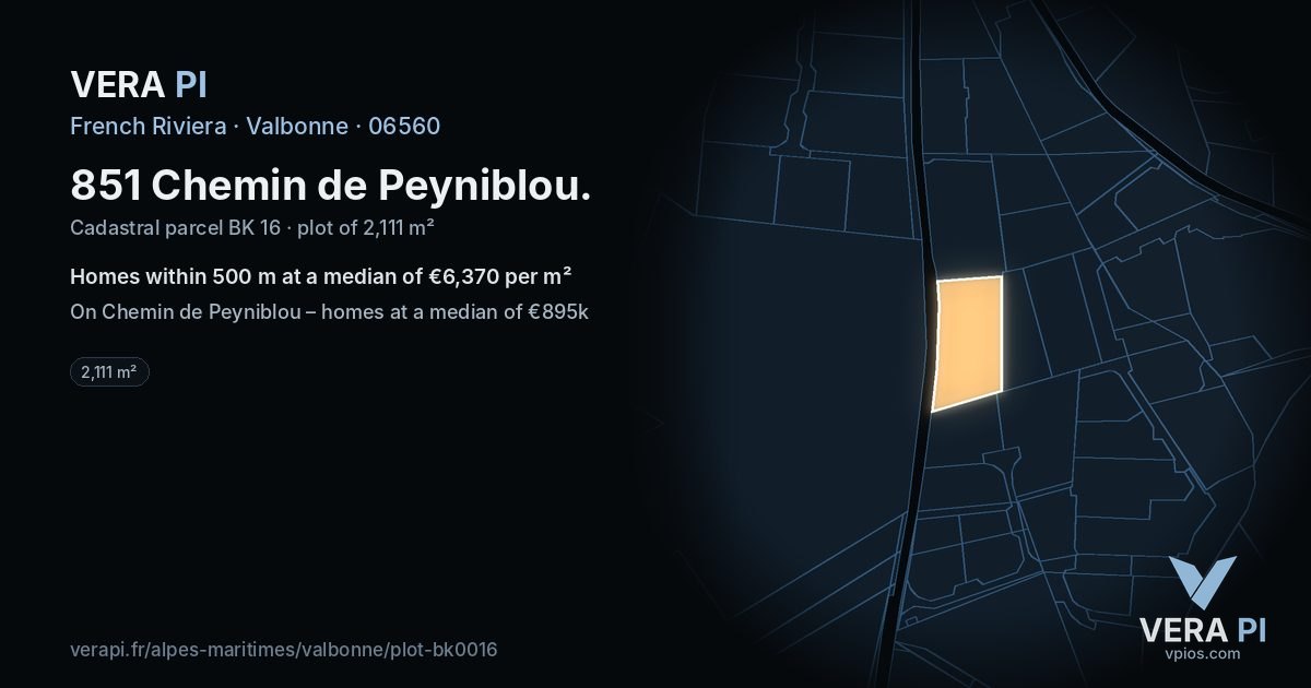 851 Chemin de Peyniblou, Valbonne at night – the plot lit, the parcels around coloured by the prices near them