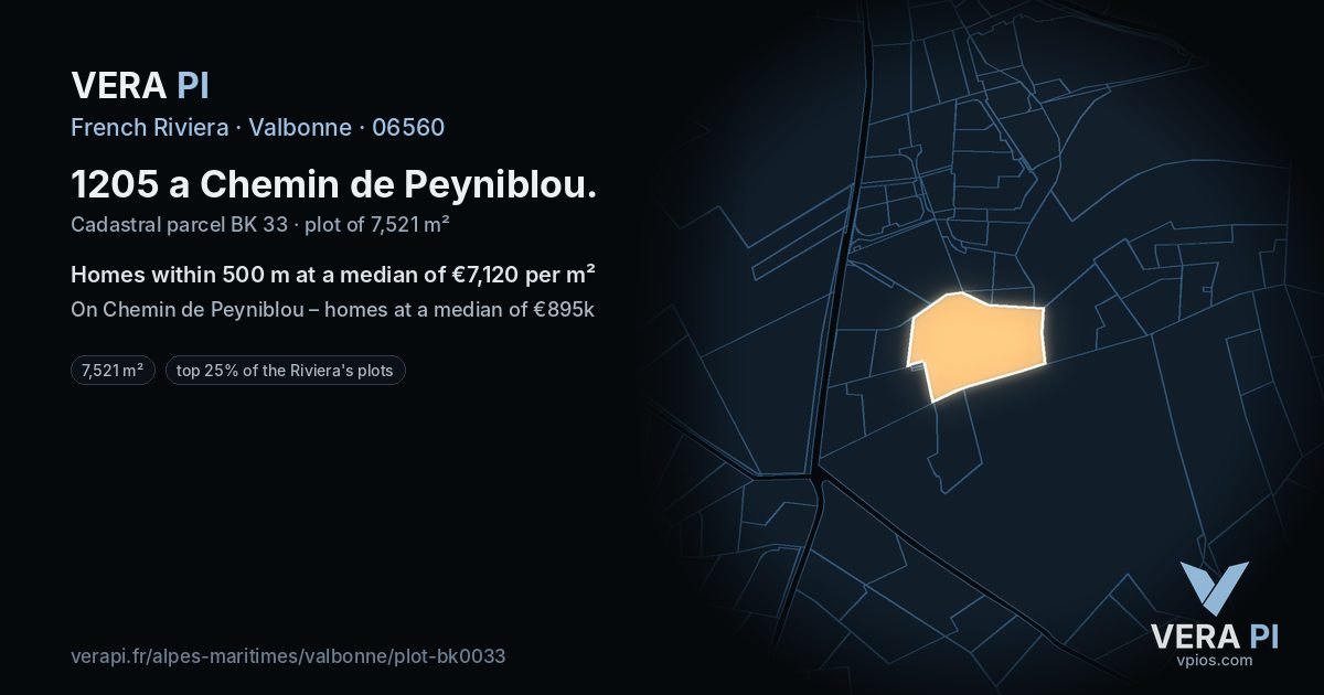 1205 a Chemin de Peyniblou, Valbonne at night – the plot lit, the parcels around coloured by the prices near them