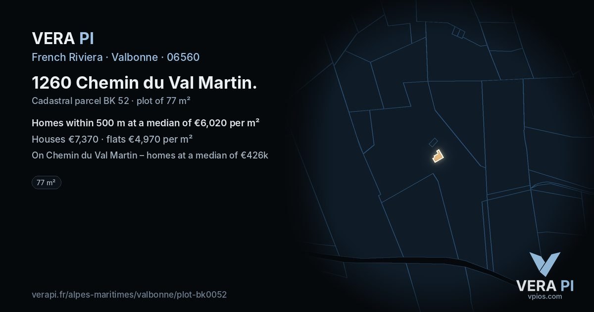 1260 Chemin du Val Martin, Valbonne at night – the plot lit, the parcels around coloured by the prices near them