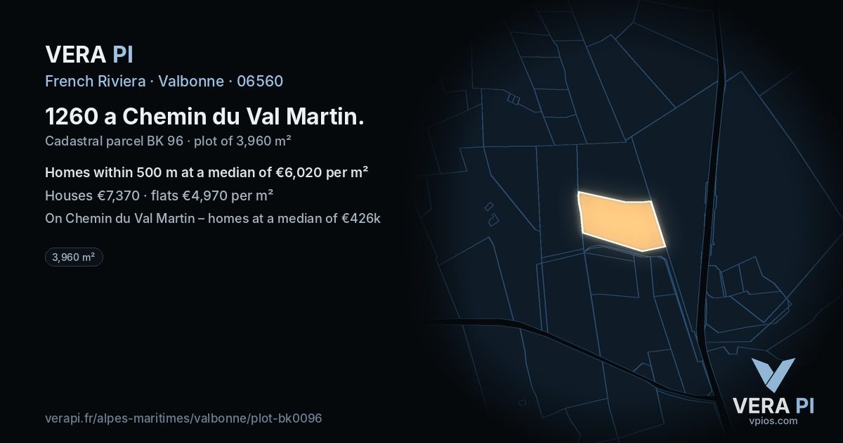 1260 a Chemin du Val Martin, Valbonne at night – the plot lit, the parcels around coloured by the prices near them