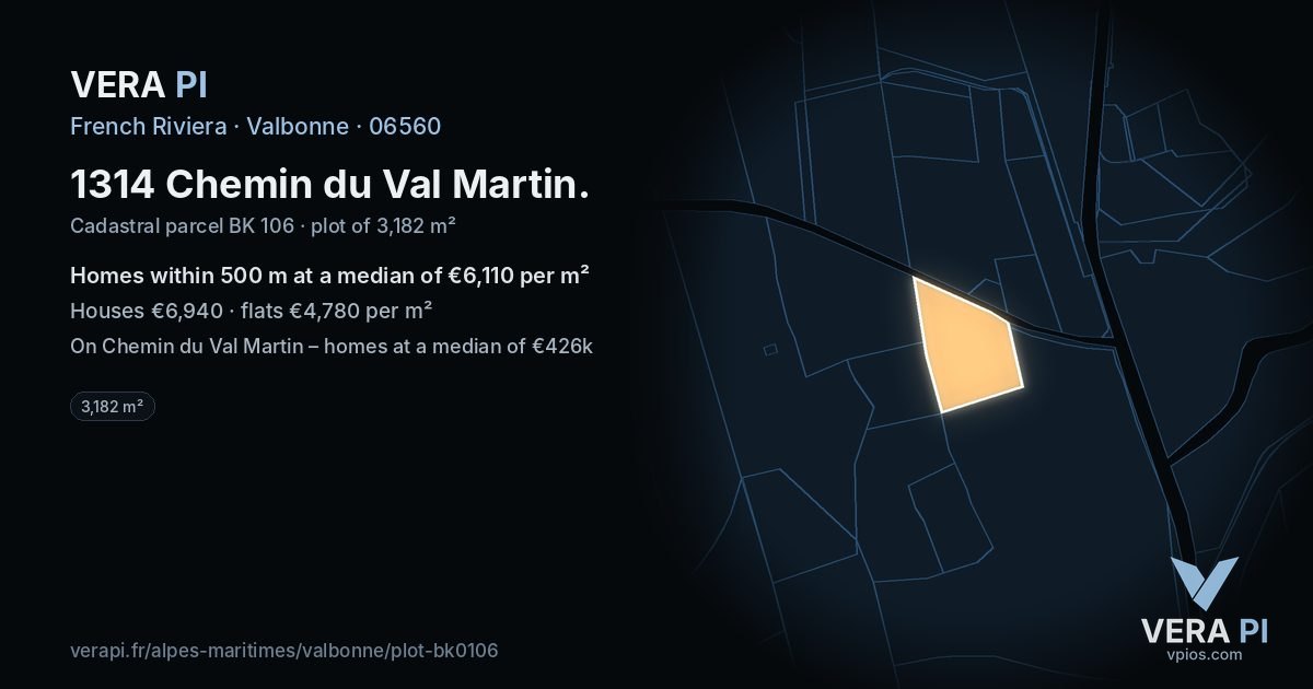 1314 Chemin du Val Martin, Valbonne at night – the plot lit, the parcels around coloured by the prices near them