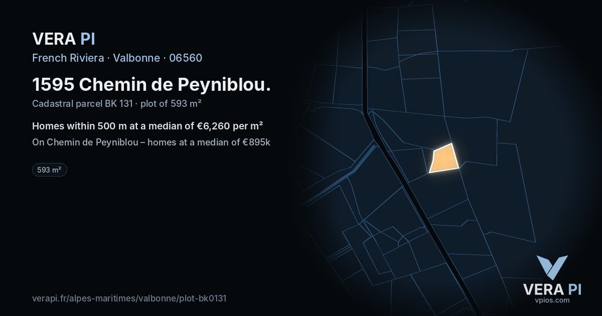 1595 Chemin de Peyniblou, Valbonne at night – the plot lit, the parcels around coloured by the prices near them