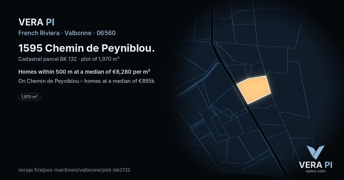 1595 Chemin de Peyniblou, Valbonne at night – the plot lit, the parcels around coloured by the prices near them