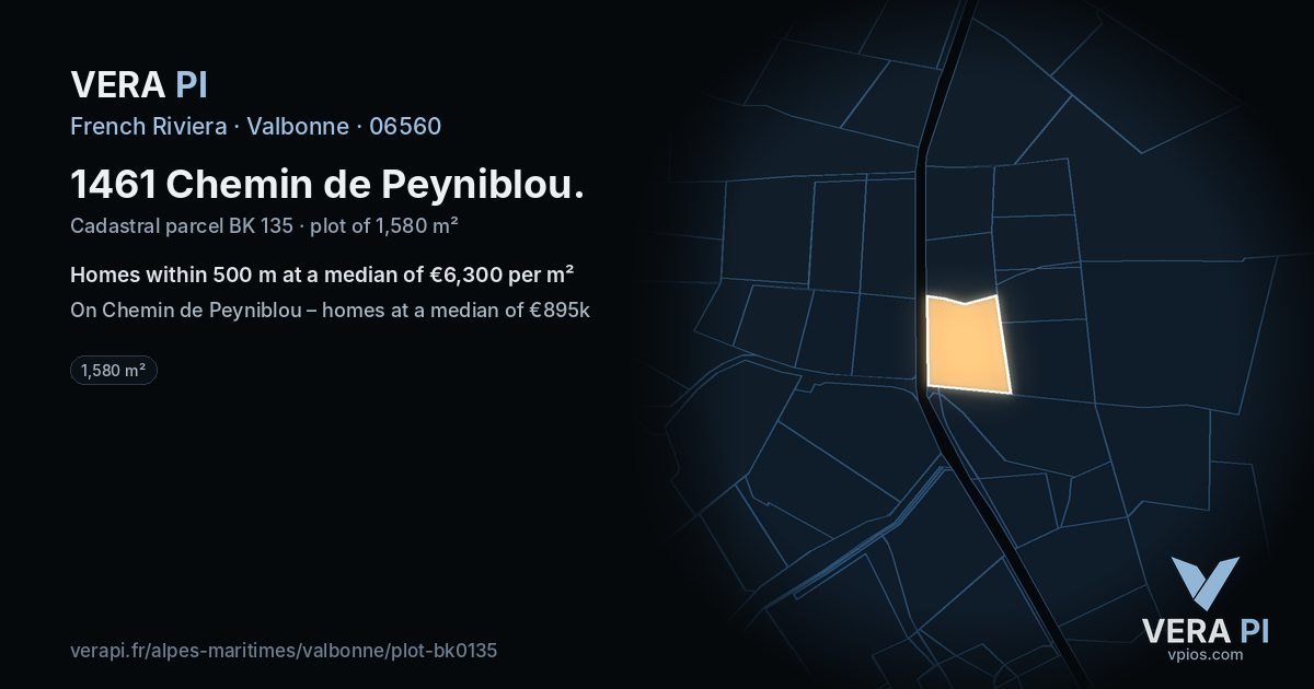 1461 Chemin de Peyniblou, Valbonne at night – the plot lit, the parcels around coloured by the prices near them