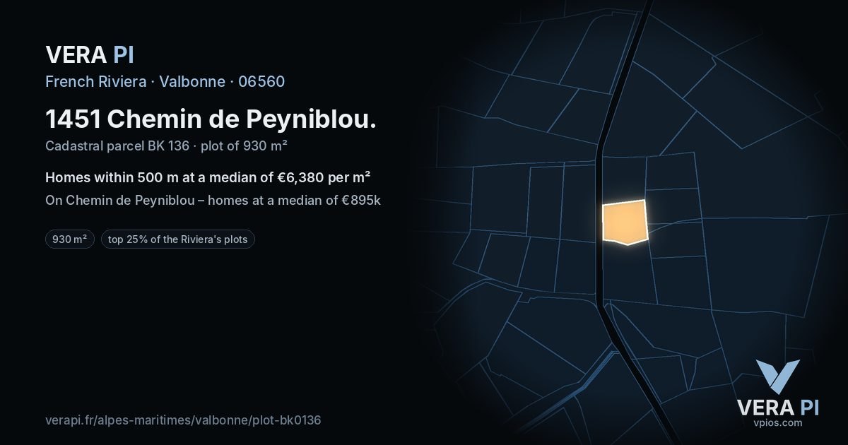 1451 Chemin de Peyniblou, Valbonne at night – the plot lit, the parcels around coloured by the prices near them
