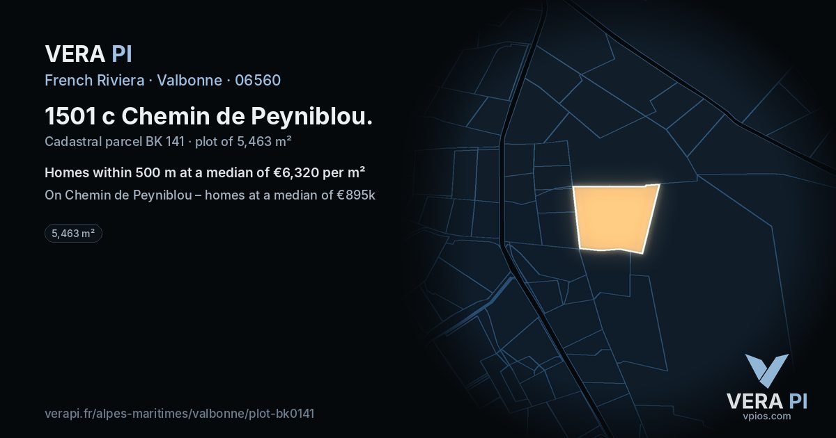 1501 c Chemin de Peyniblou, Valbonne at night – the plot lit, the parcels around coloured by the prices near them