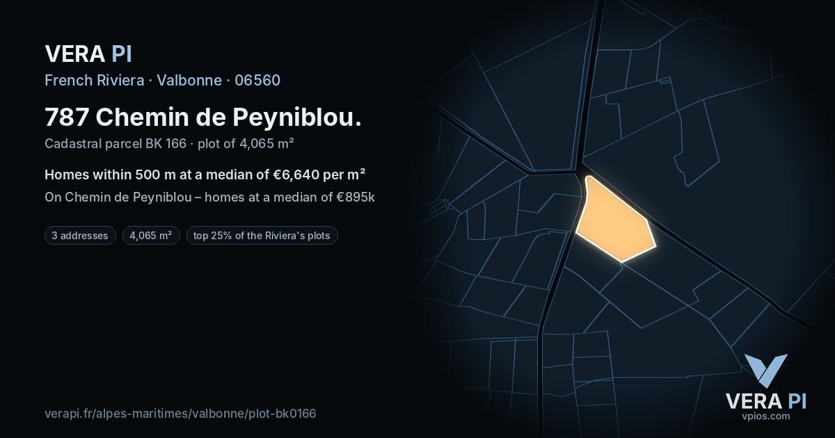787 Chemin de Peyniblou, Valbonne at night – the plot lit, the parcels around coloured by the prices near them