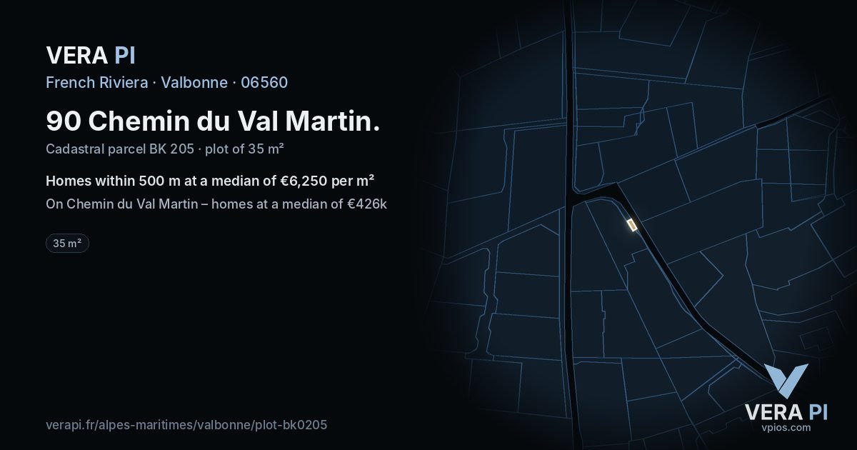 90 Chemin du Val Martin, Valbonne at night – the plot lit, the parcels around coloured by the prices near them