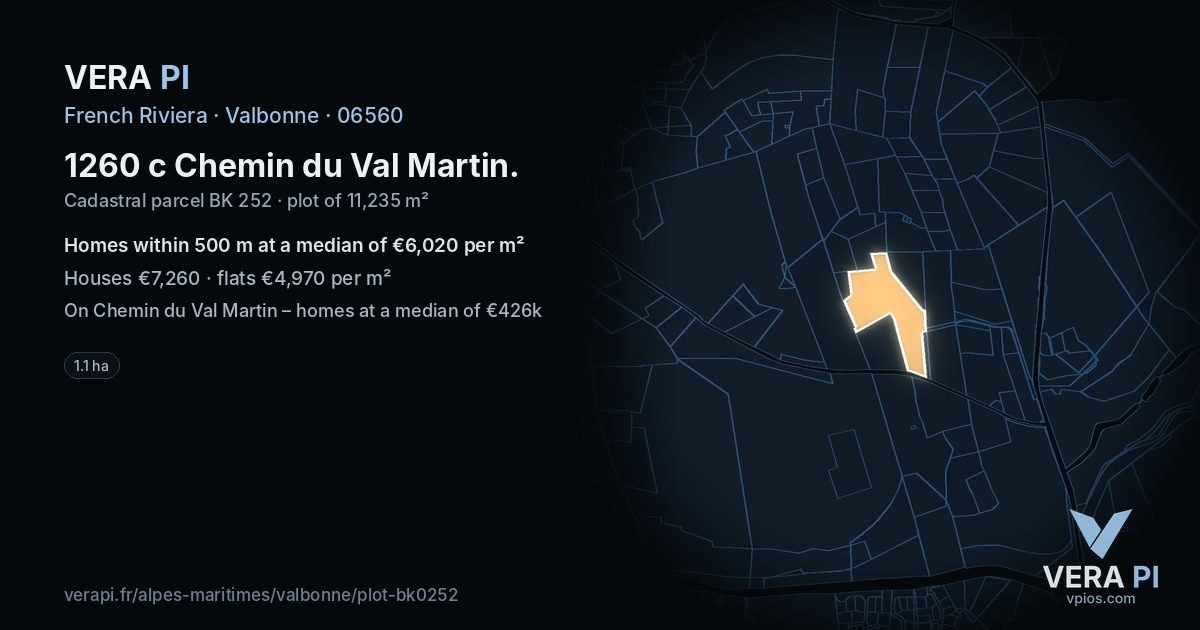 1260 c Chemin du Val Martin, Valbonne at night – the plot lit, the parcels around coloured by the prices near them