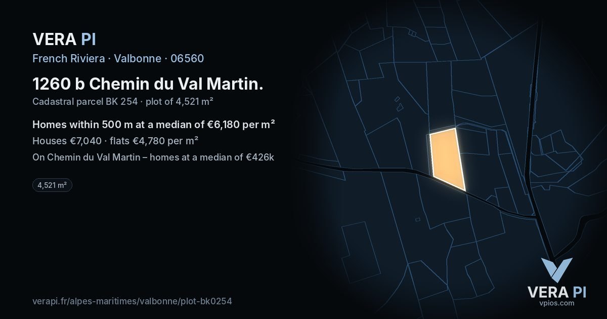 1260 b Chemin du Val Martin, Valbonne at night – the plot lit, the parcels around coloured by the prices near them