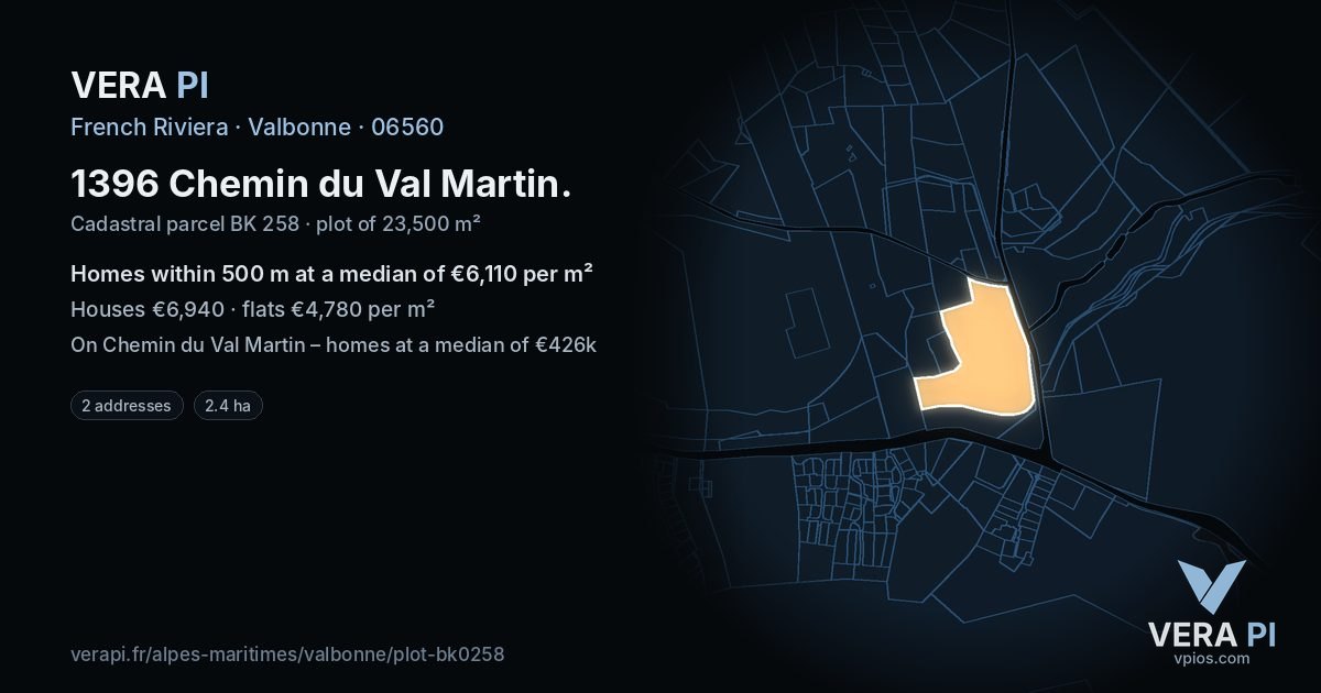 1396 Chemin du Val Martin, Valbonne at night – the plot lit, the parcels around coloured by the prices near them