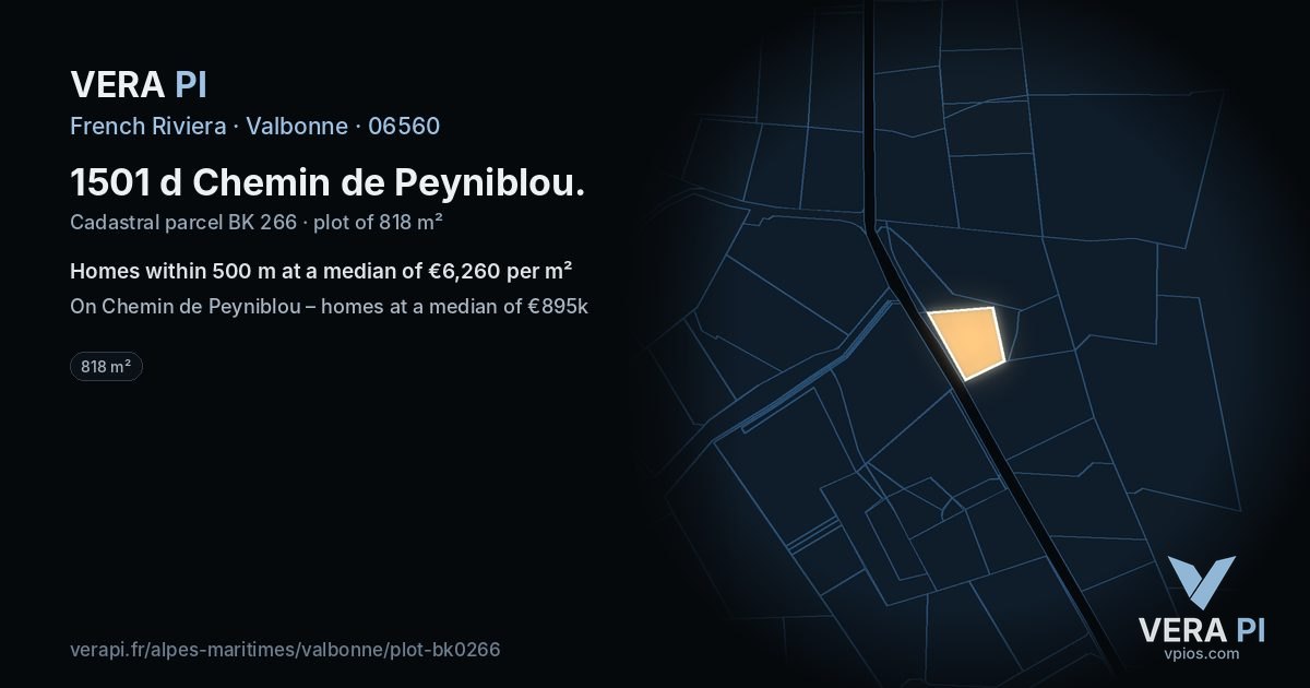 1501 d Chemin de Peyniblou, Valbonne at night – the plot lit, the parcels around coloured by the prices near them