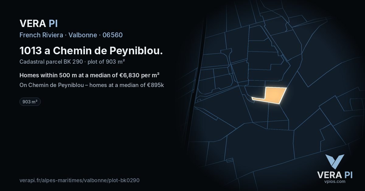 1013 a Chemin de Peyniblou, Valbonne at night – the plot lit, the parcels around coloured by the prices near them