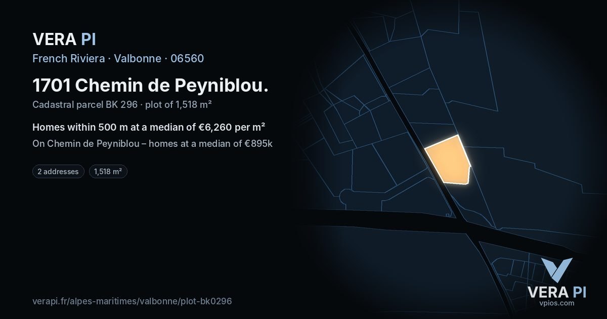 1701 Chemin de Peyniblou, Valbonne at night – the plot lit, the parcels around coloured by the prices near them