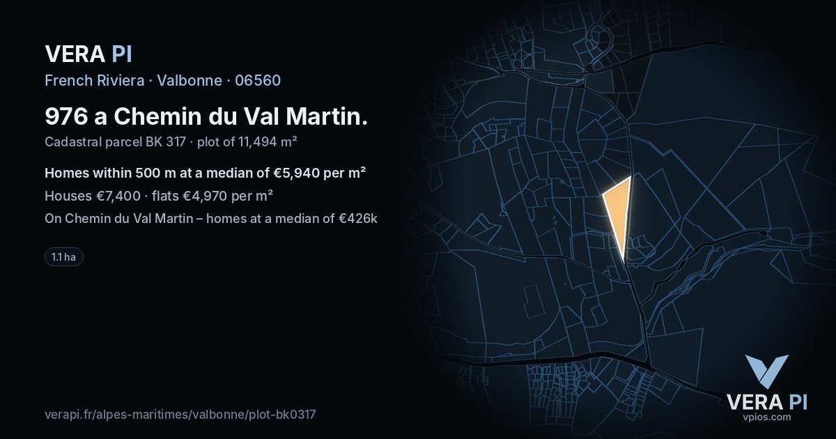 976 a Chemin du Val Martin, Valbonne at night – the plot lit, the parcels around coloured by the prices near them