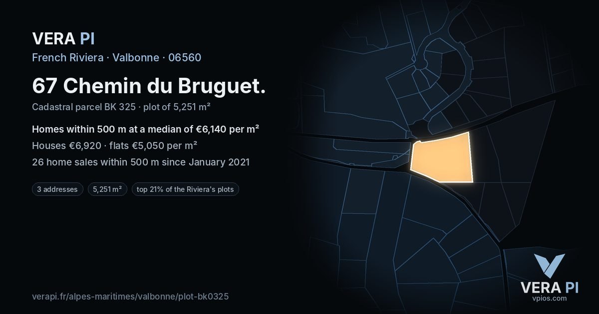 67 Chemin du Bruguet, Valbonne at night – the plot lit, the parcels around coloured by the prices near them