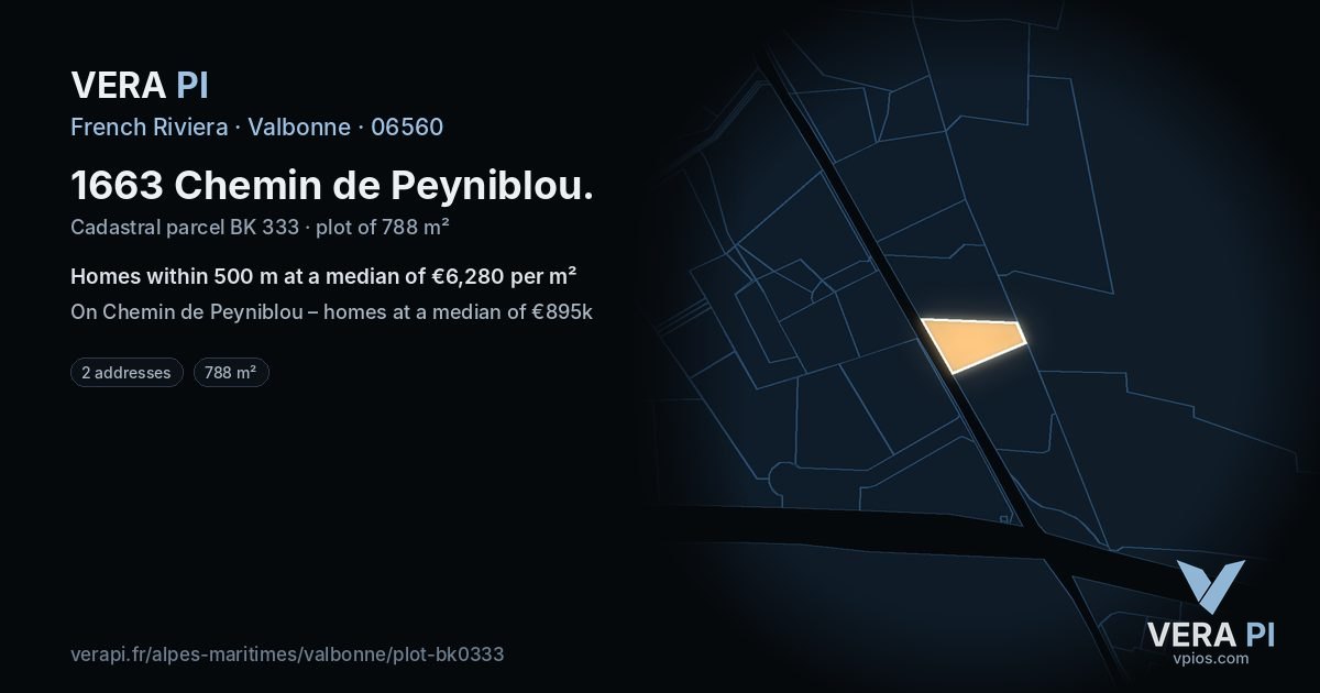 1663 Chemin de Peyniblou, Valbonne at night – the plot lit, the parcels around coloured by the prices near them