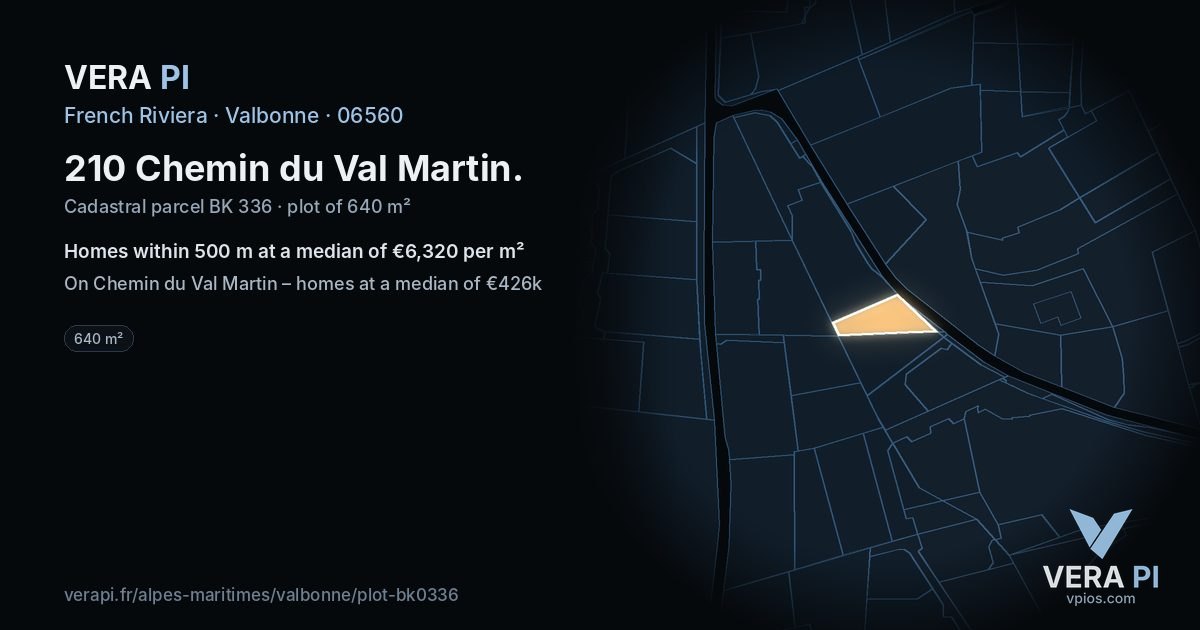 210 Chemin du Val Martin, Valbonne at night – the plot lit, the parcels around coloured by the prices near them