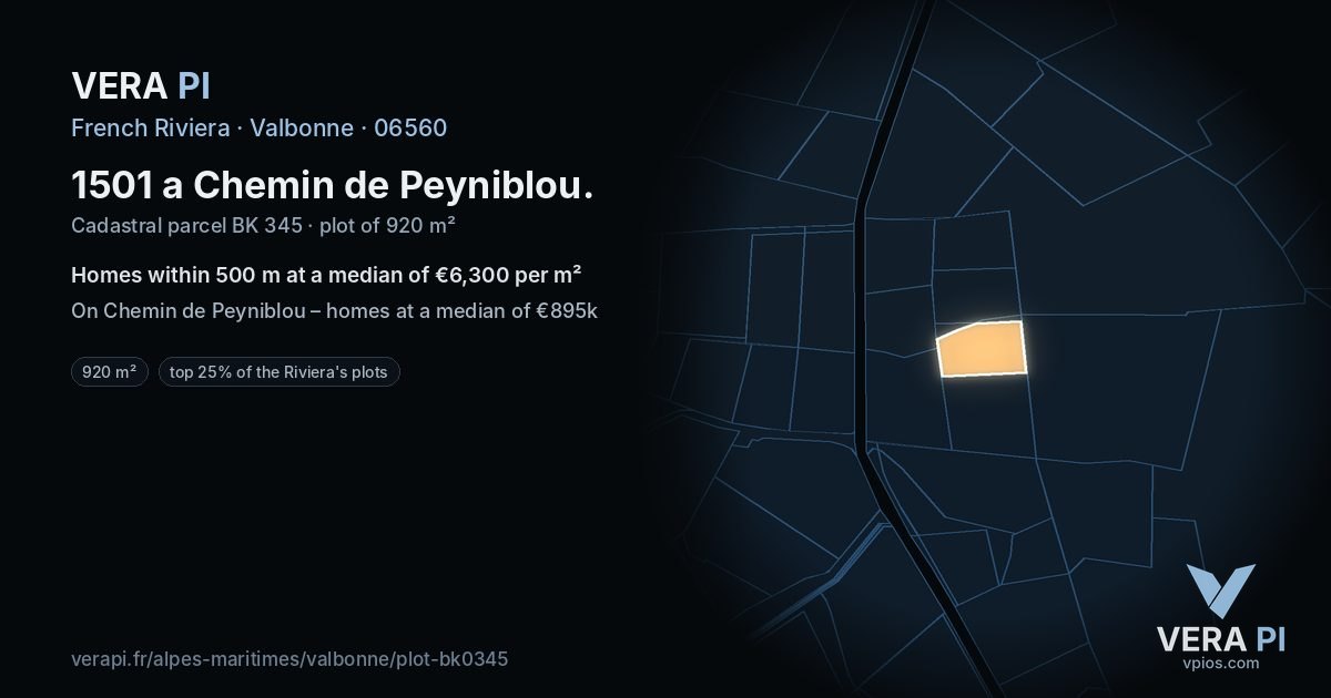 1501 a Chemin de Peyniblou, Valbonne at night – the plot lit, the parcels around coloured by the prices near them