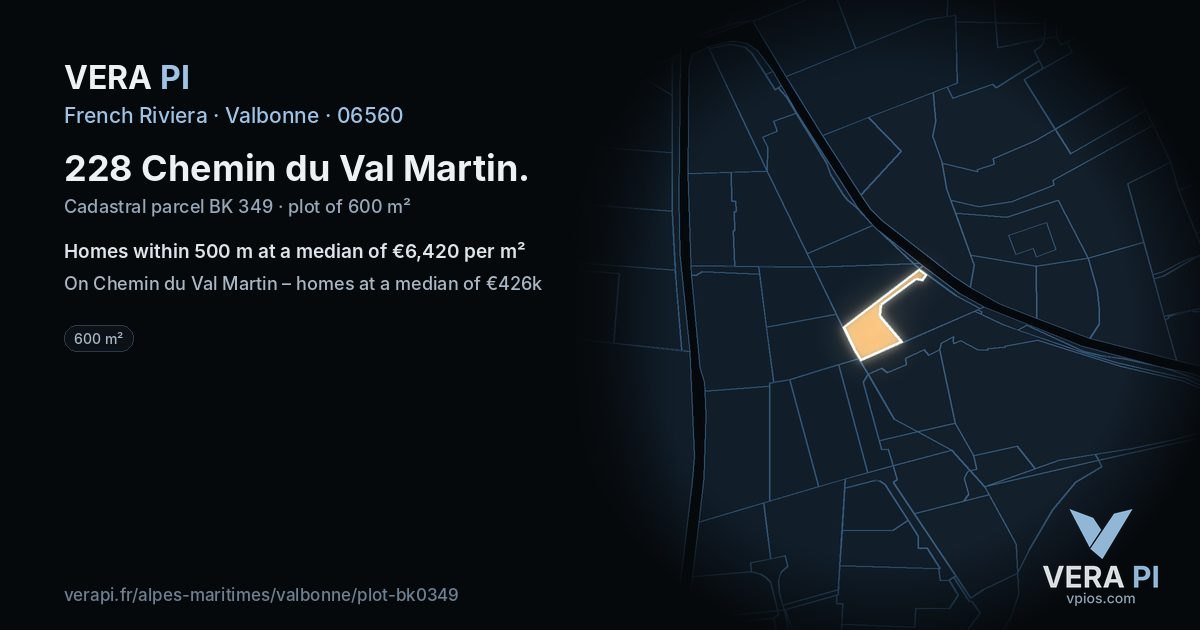 228 Chemin du Val Martin, Valbonne at night – the plot lit, the parcels around coloured by the prices near them