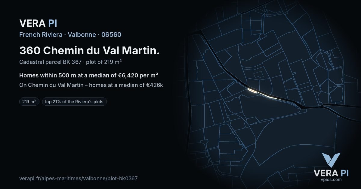 360 Chemin du Val Martin, Valbonne at night – the plot lit, the parcels around coloured by the prices near them