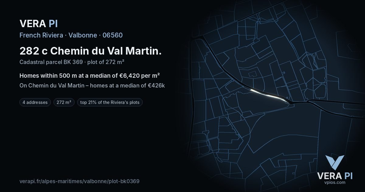 282 c Chemin du Val Martin, Valbonne at night – the plot lit, the parcels around coloured by the prices near them
