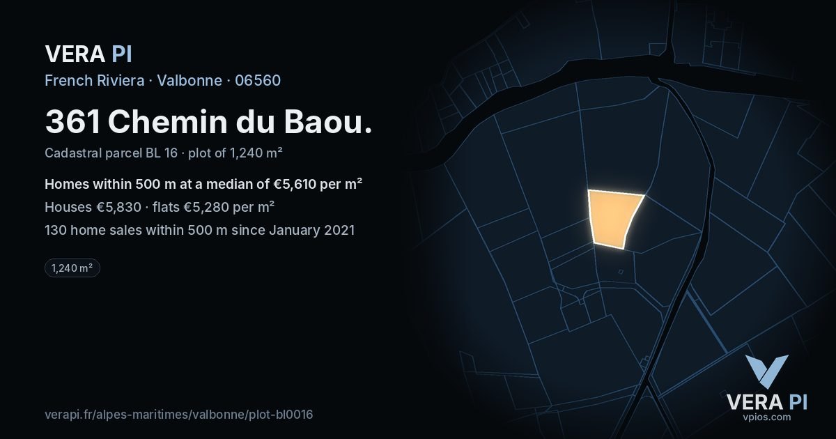 361 Chemin du Baou, Valbonne at night – the plot lit, the parcels around coloured by the prices near them