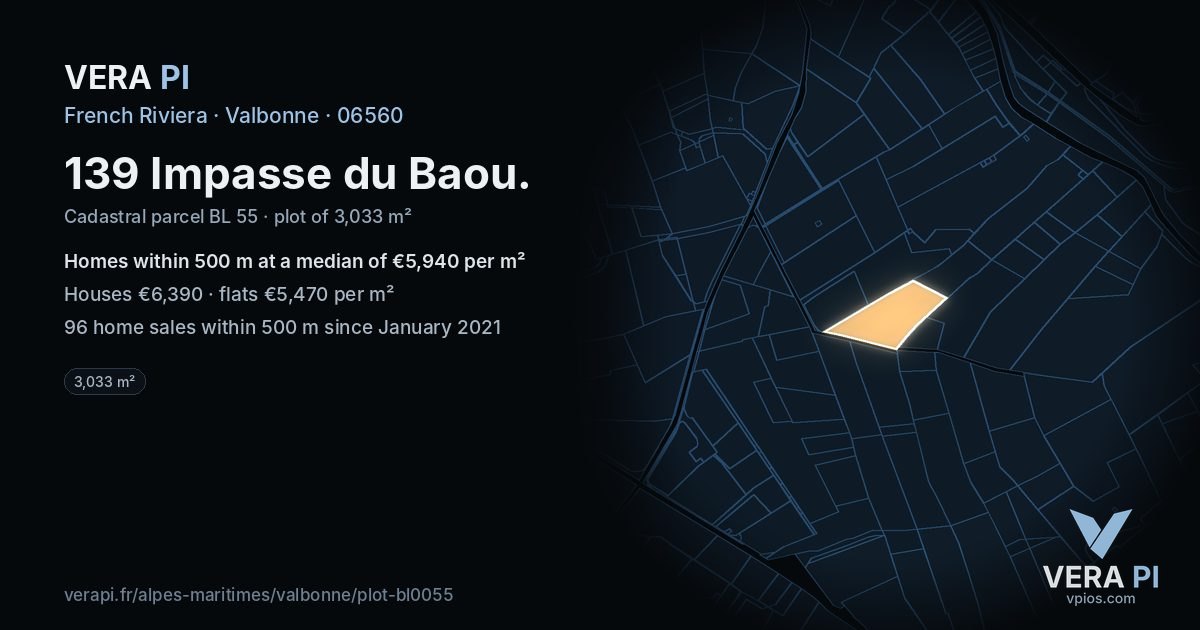 139 Impasse du Baou, Valbonne at night – the plot lit, the parcels around coloured by the prices near them
