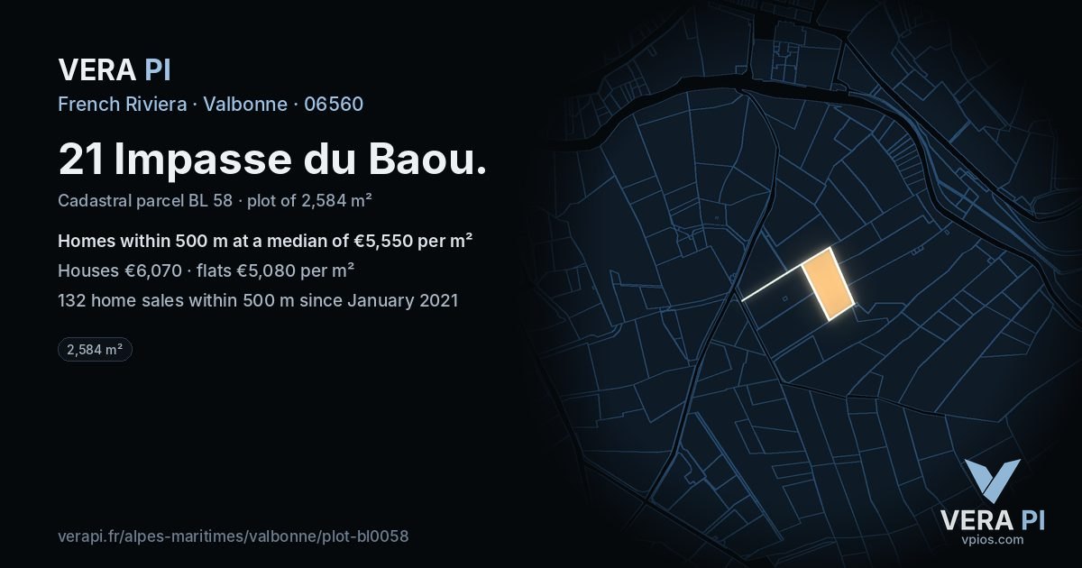 21 Impasse du Baou, Valbonne at night – the plot lit, the parcels around coloured by the prices near them