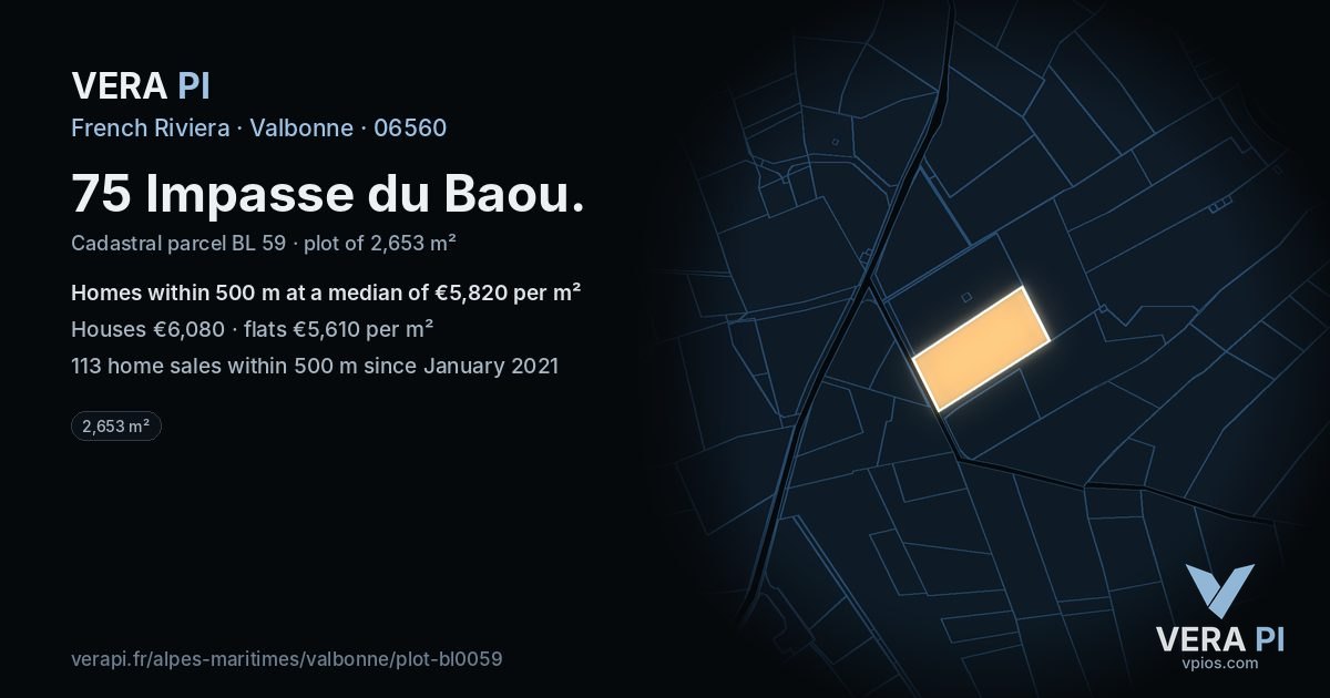 75 Impasse du Baou, Valbonne at night – the plot lit, the parcels around coloured by the prices near them
