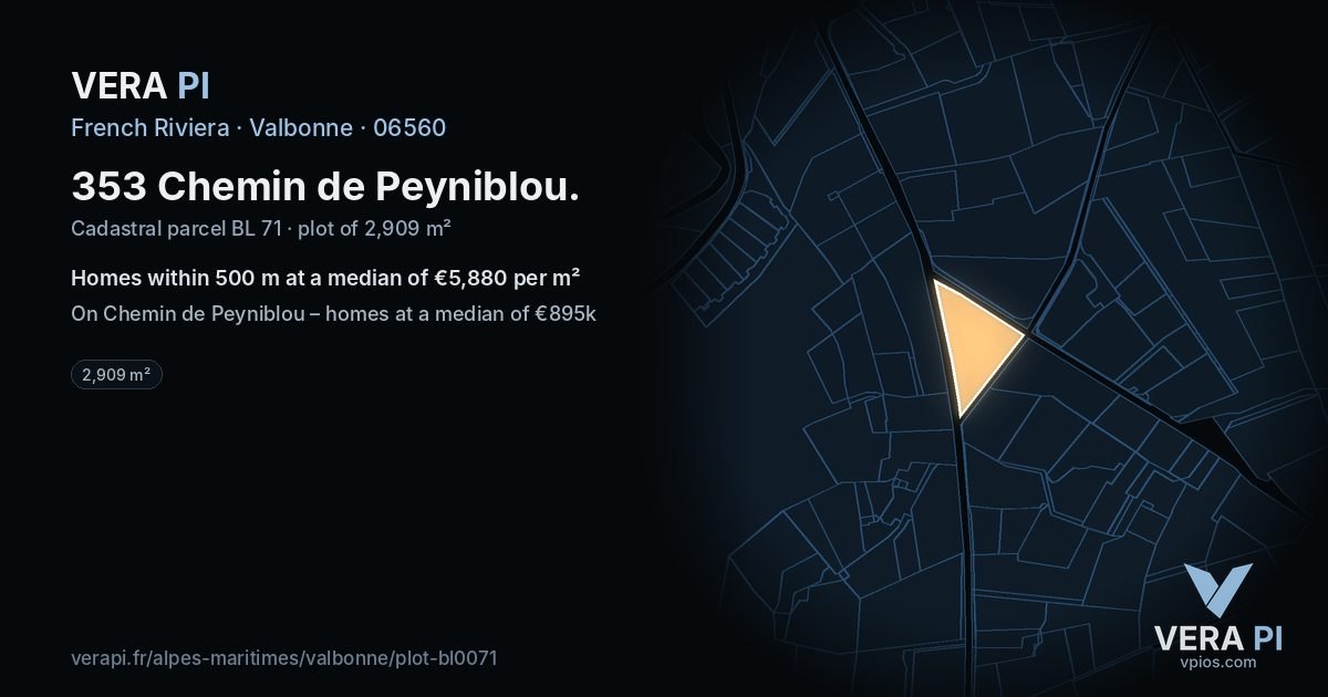 353 Chemin de Peyniblou, Valbonne at night – the plot lit, the parcels around coloured by the prices near them