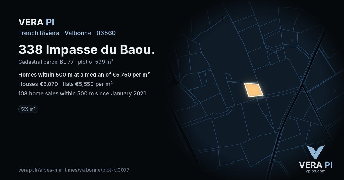 338 Impasse du Baou, Valbonne at night – the plot lit, the parcels around coloured by the prices near them