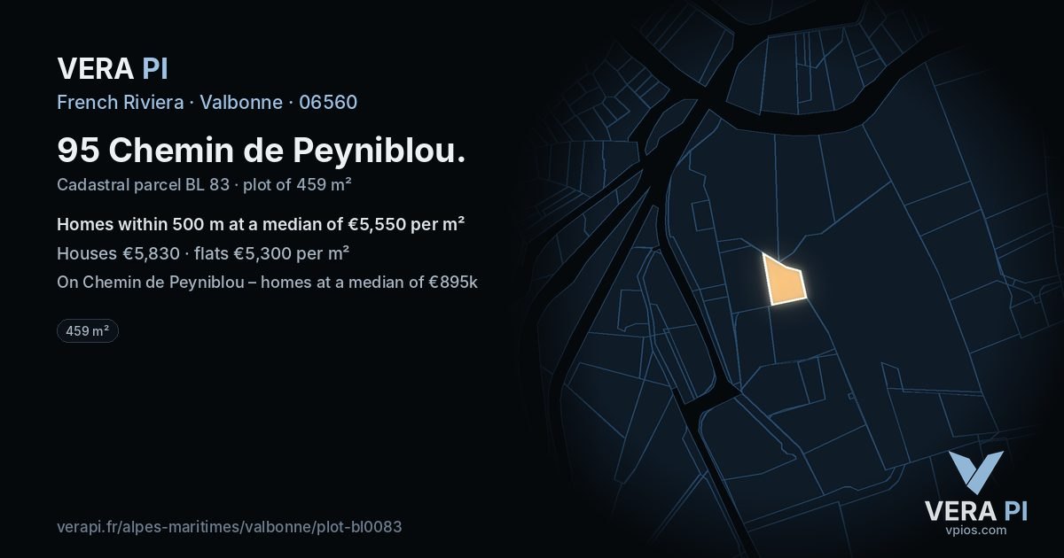 95 Chemin de Peyniblou, Valbonne at night – the plot lit, the parcels around coloured by the prices near them