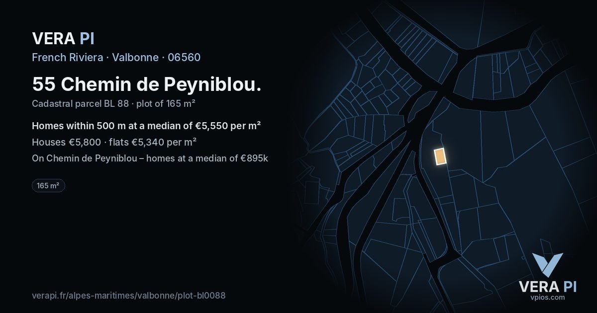 55 Chemin de Peyniblou, Valbonne at night – the plot lit, the parcels around coloured by the prices near them