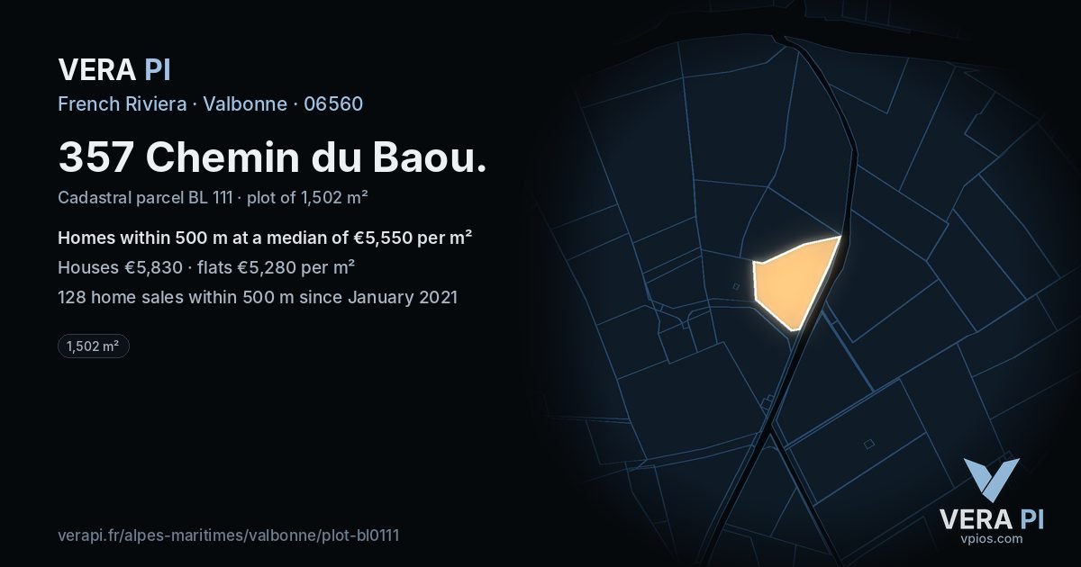 357 Chemin du Baou, Valbonne at night – the plot lit, the parcels around coloured by the prices near them