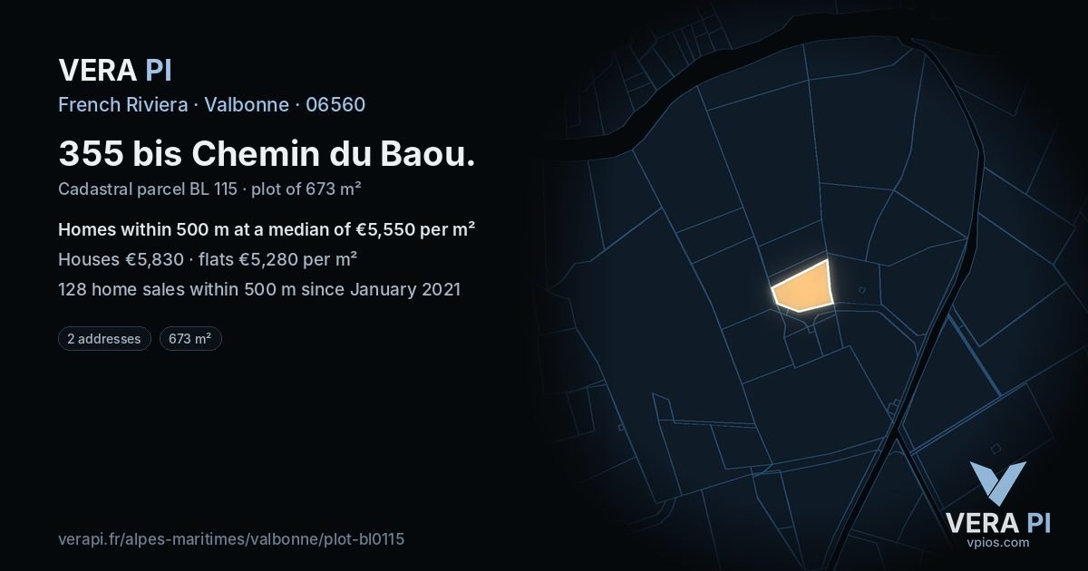 355 bis Chemin du Baou, Valbonne at night – the plot lit, the parcels around coloured by the prices near them